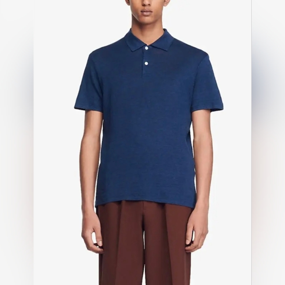 Sandro Beach Marled Linen Polo Shirt Navy Blue Minimalist Quiet Luxury